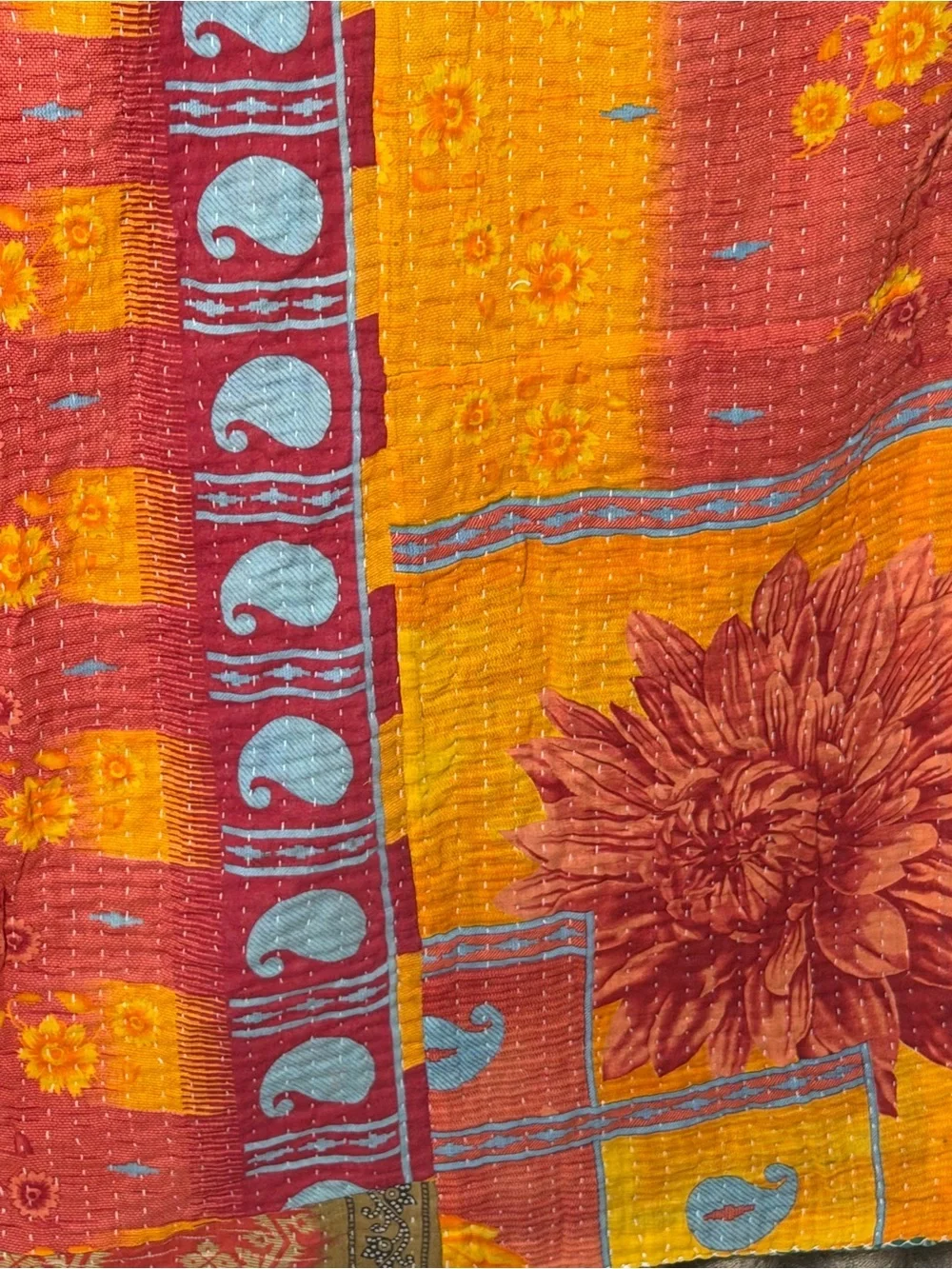 Vintage Handmade Printed Kantha Quilt India Sari Throw Blanket Twin 52x80